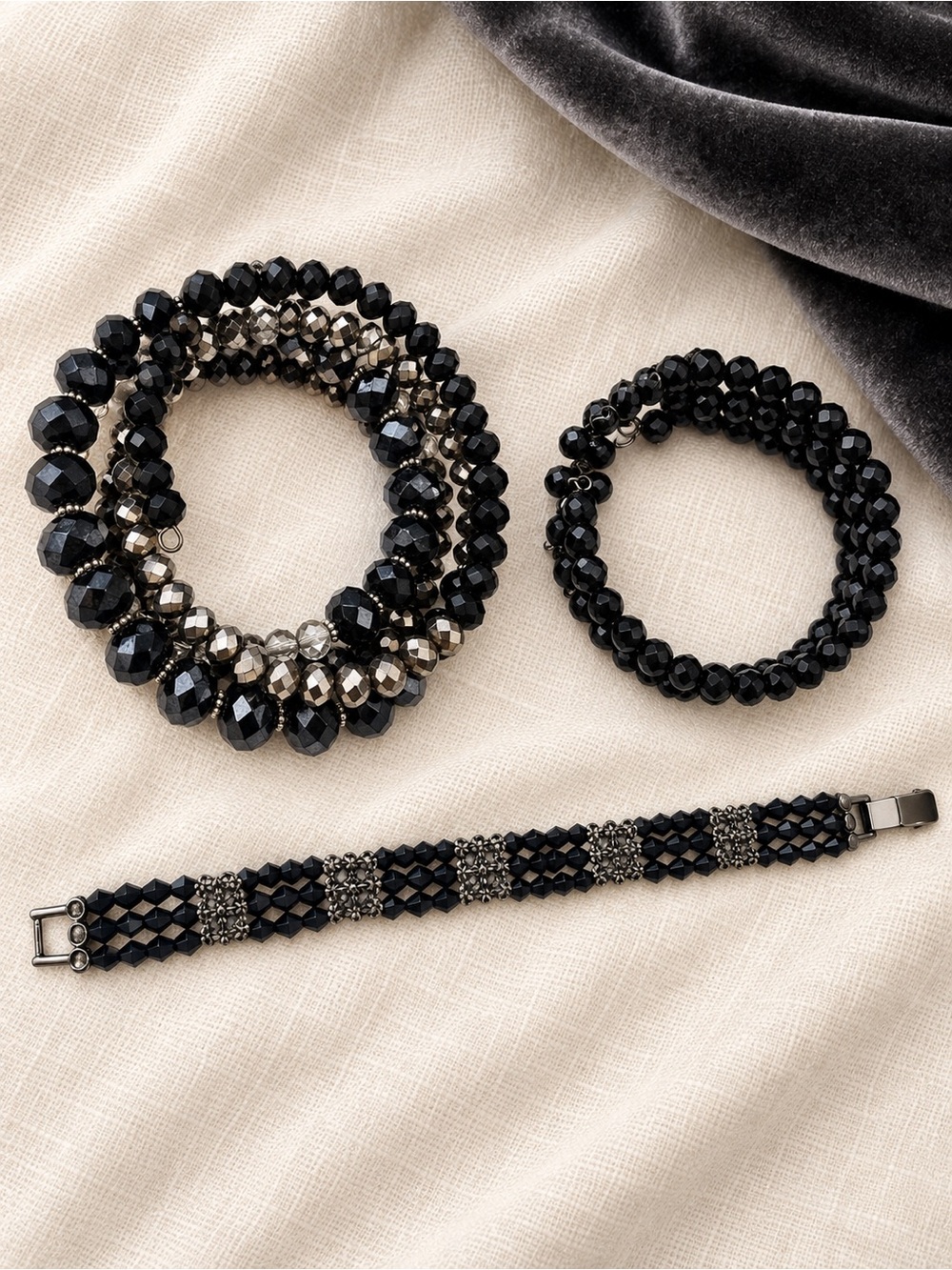 3 Piece Black Beaded Bracelet Set - Elegant Layered Design